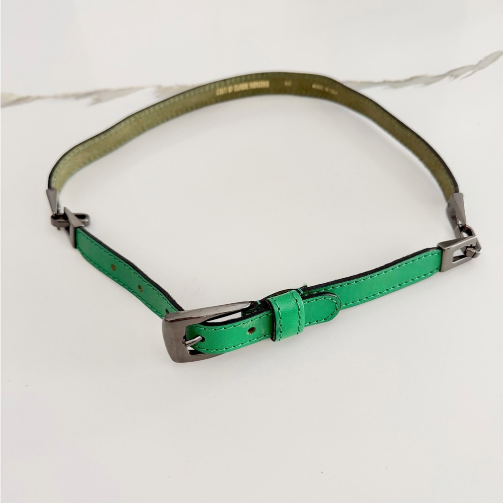 Vintage 1990's State Of Claude Montana Slim Green Leather Gunmetal Buckle Belt
